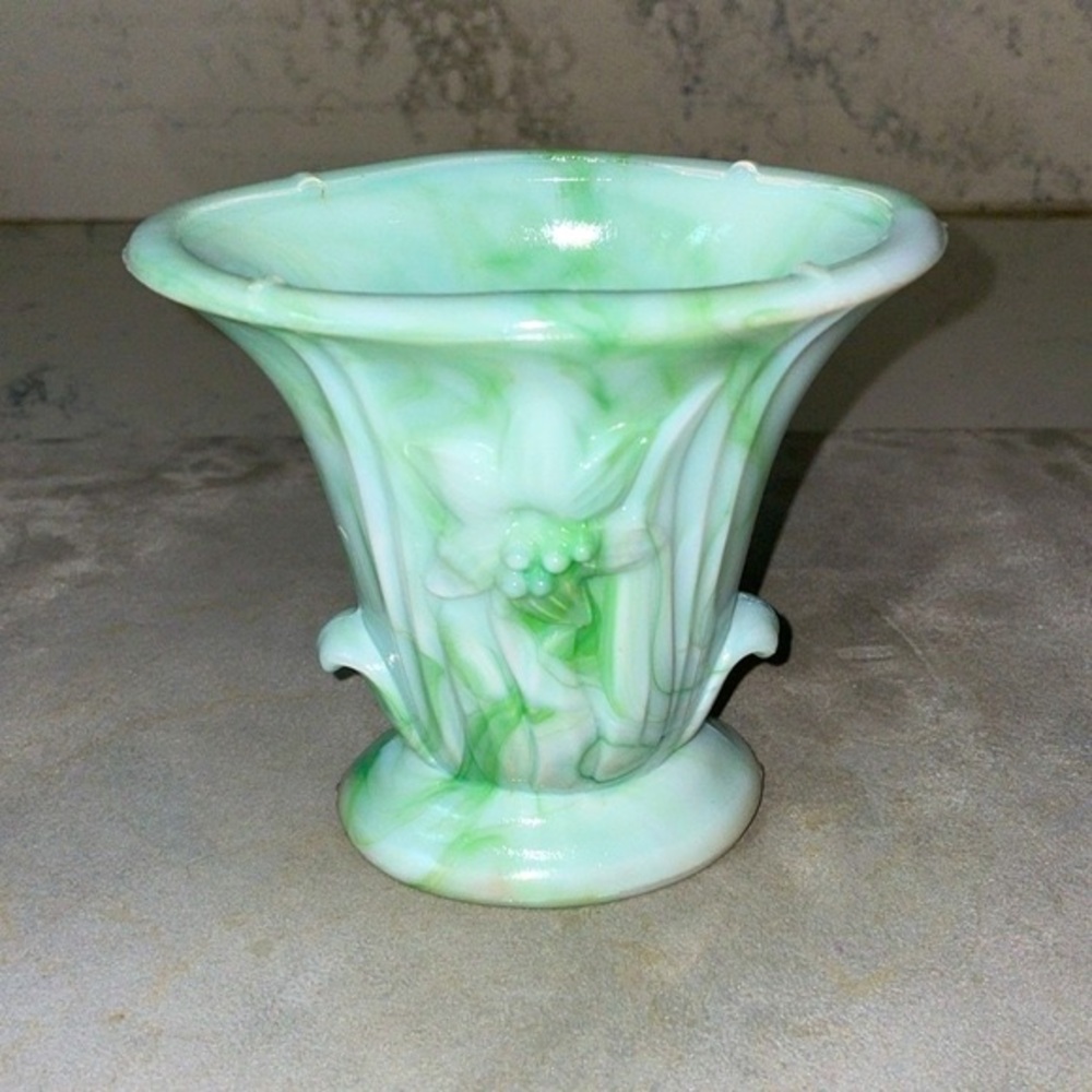 VINTAGE AKRO AGATE SLAG GLASS OVAL TOP PLANTER/VASE 4.5” #658 PRISTINE CONDITION